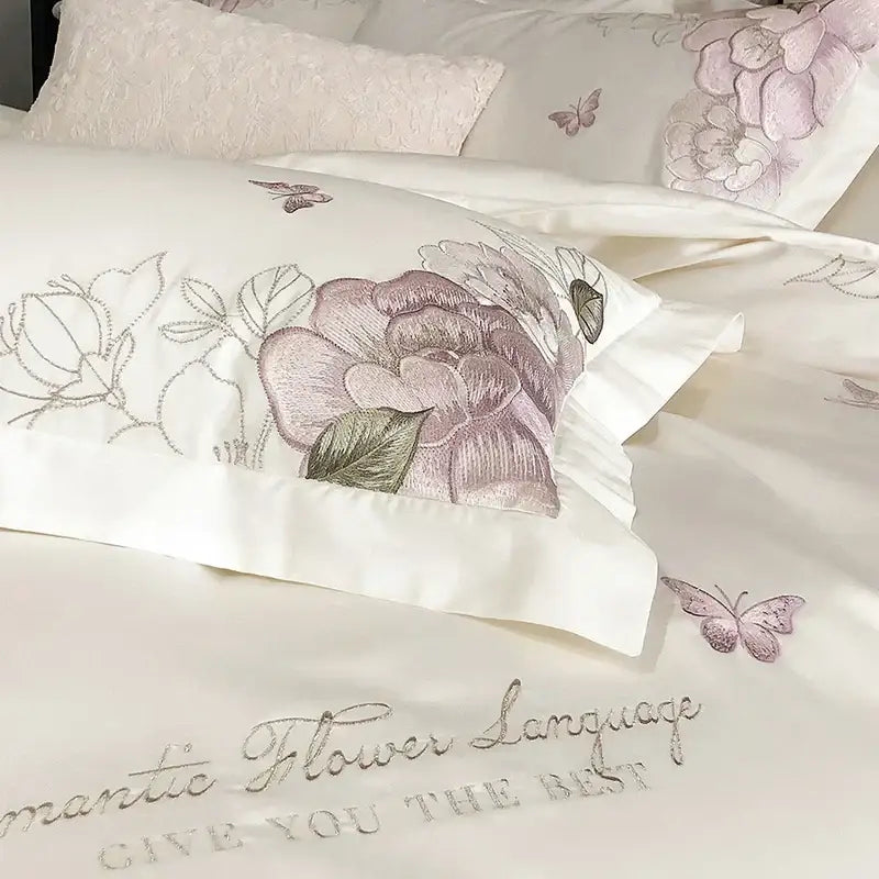 White butterfly flowers embroidery egyptian cotton bedroom bedding set
