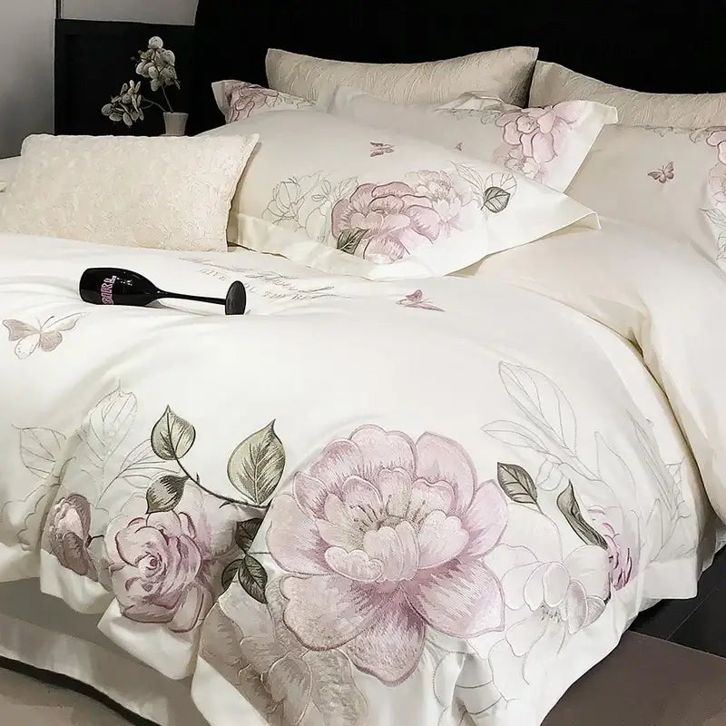White butterfly flowers embroidery egyptian cotton bedroom bedding set