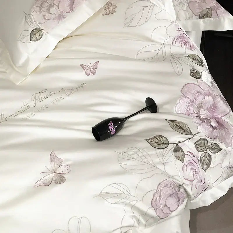 White butterfly flowers embroidery egyptian cotton bedroom bedding set