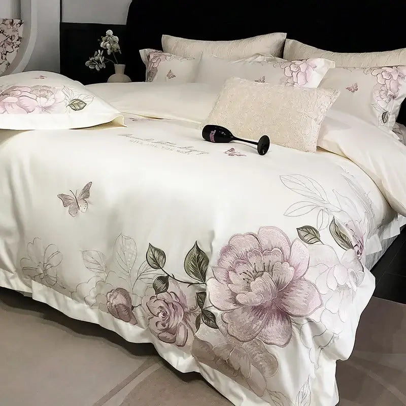 White butterfly flowers embroidery egyptian cotton bedroom bedding set