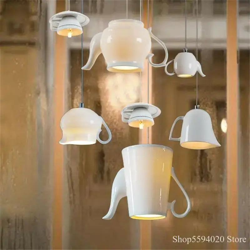 White ceramic teapot and mug pendant lights for kitchen dining room