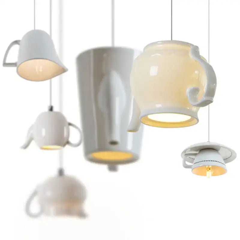 White ceramic teapot and mug pendant lights for kitchen dining room