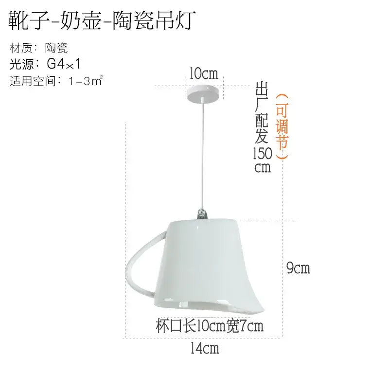White ceramic teapot and mug pendant lights for kitchen dining room