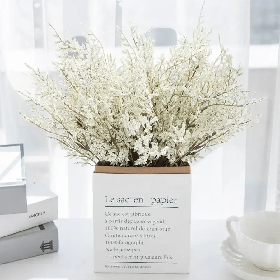 White dried baby’s breath lavender bouquet living room paper box vase