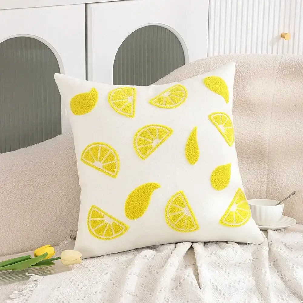 White embroidered cactus lemon pillow case living room decor