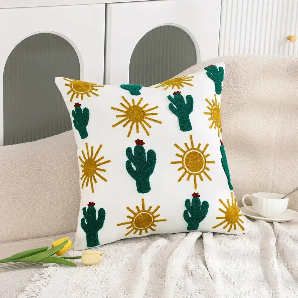 White embroidered cactus lemon pillow case living room decor