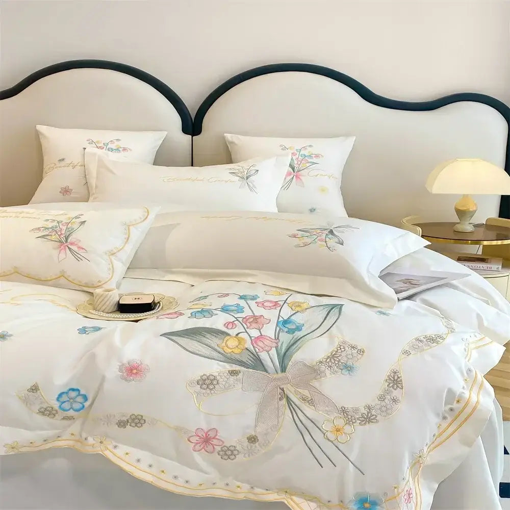 White floral butterfly flowers embroidery bedding set bedroom