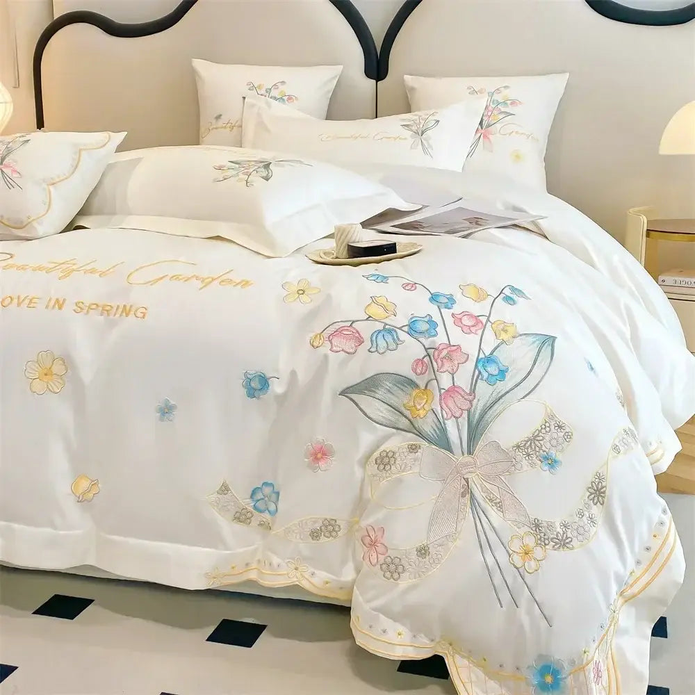 White floral butterfly flowers embroidery bedding set bedroom
