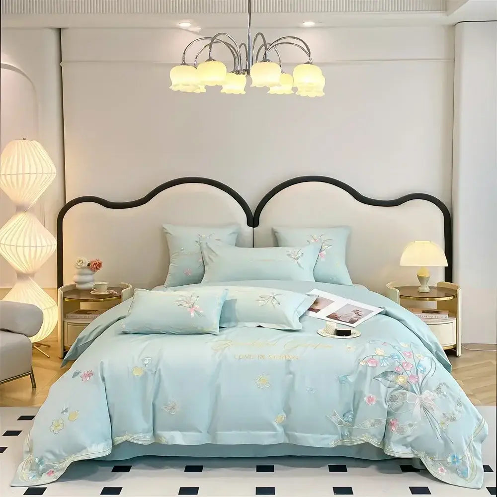 White floral butterfly flowers embroidery bedding set bedroom