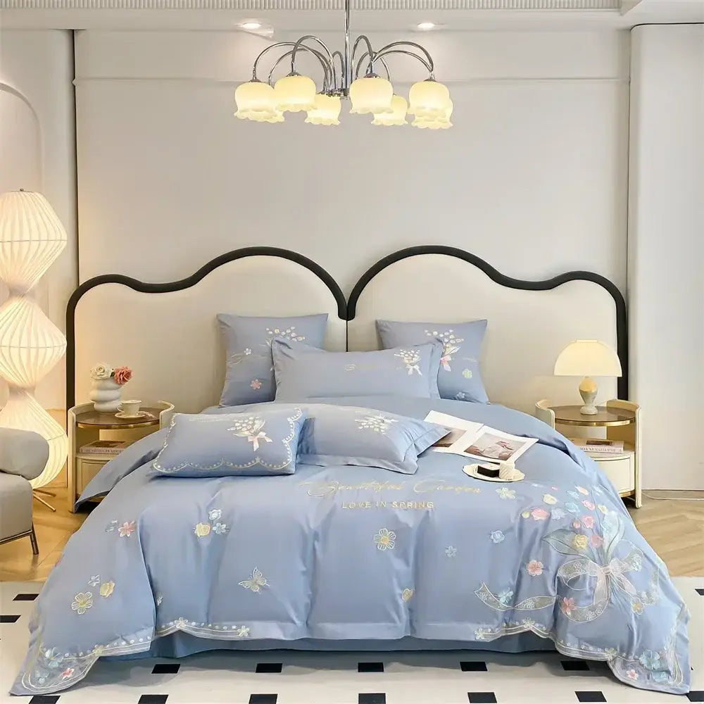 White floral butterfly flowers embroidery bedding set bedroom