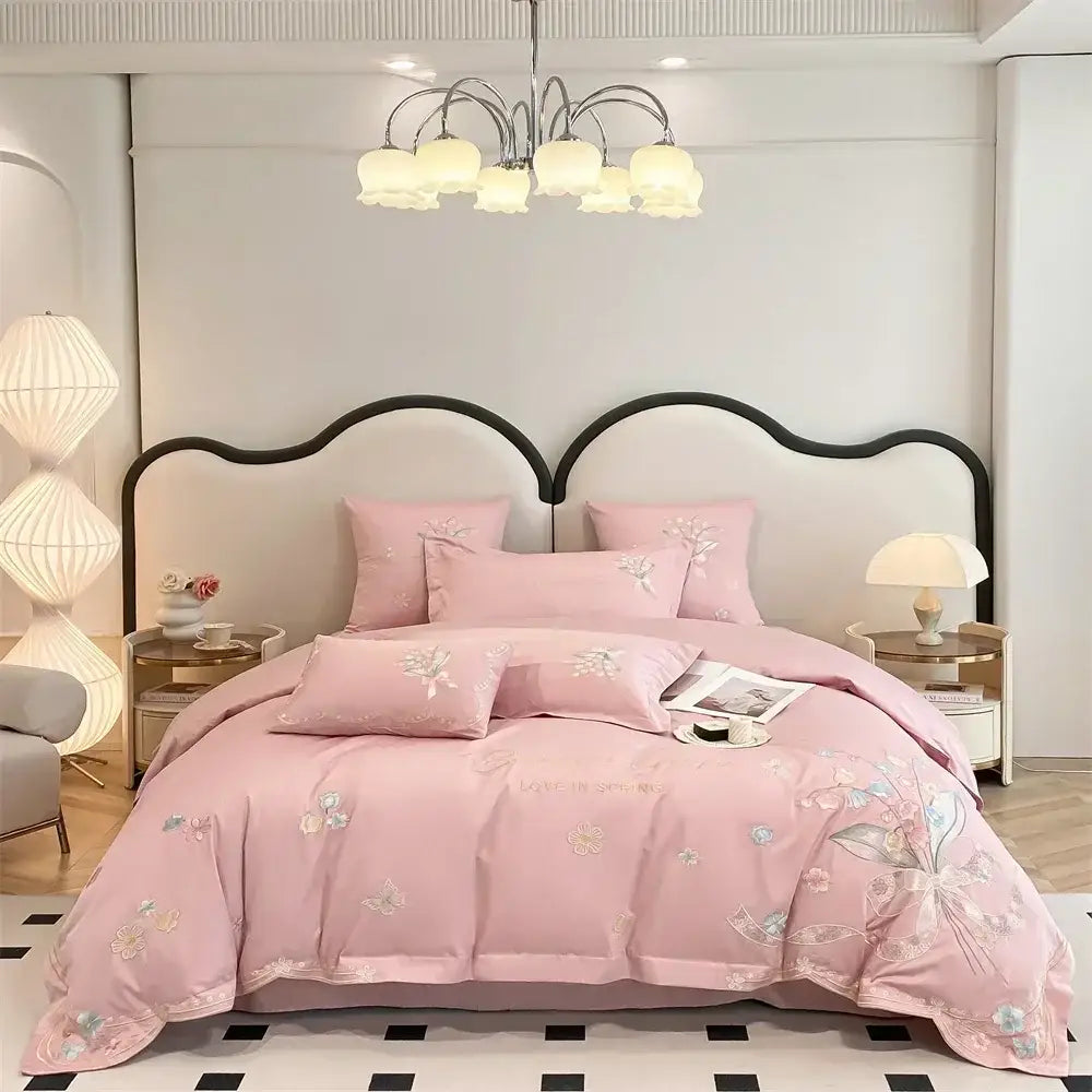 White floral butterfly flowers embroidery bedding set bedroom