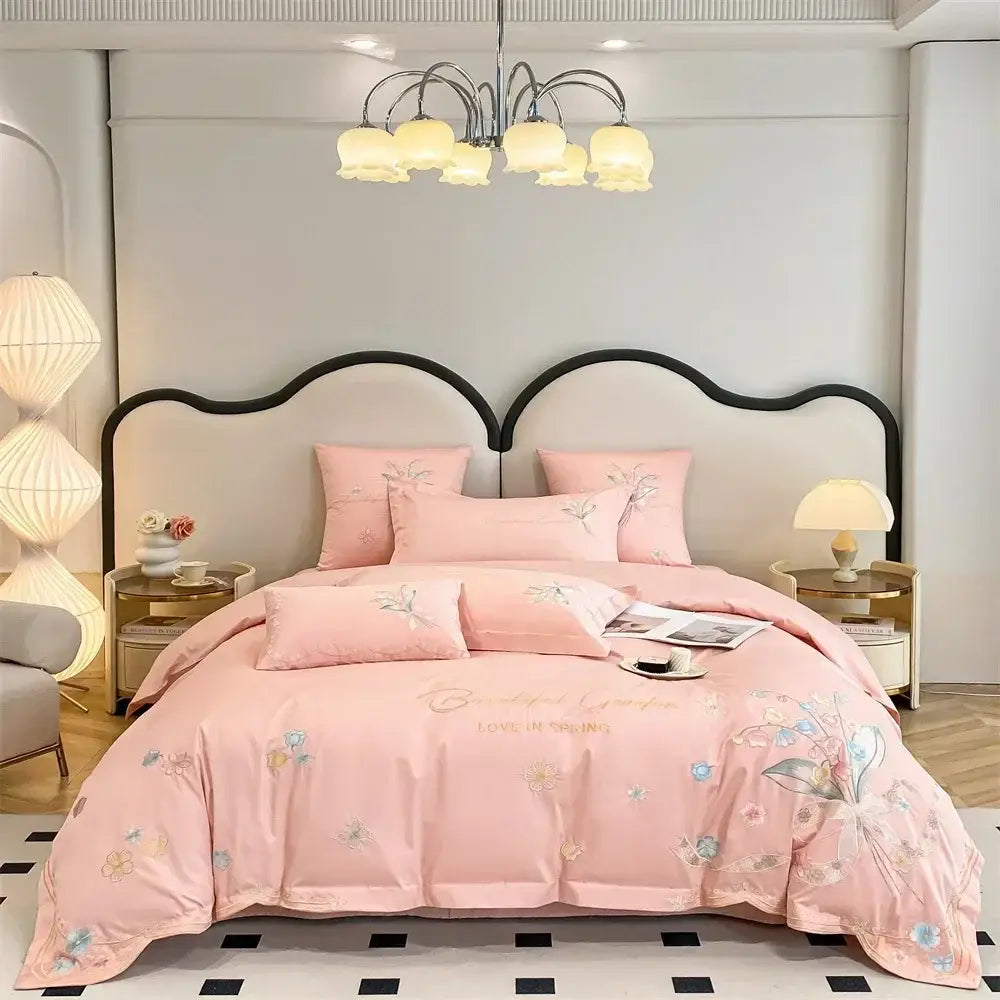 White floral butterfly flowers embroidery bedding set bedroom