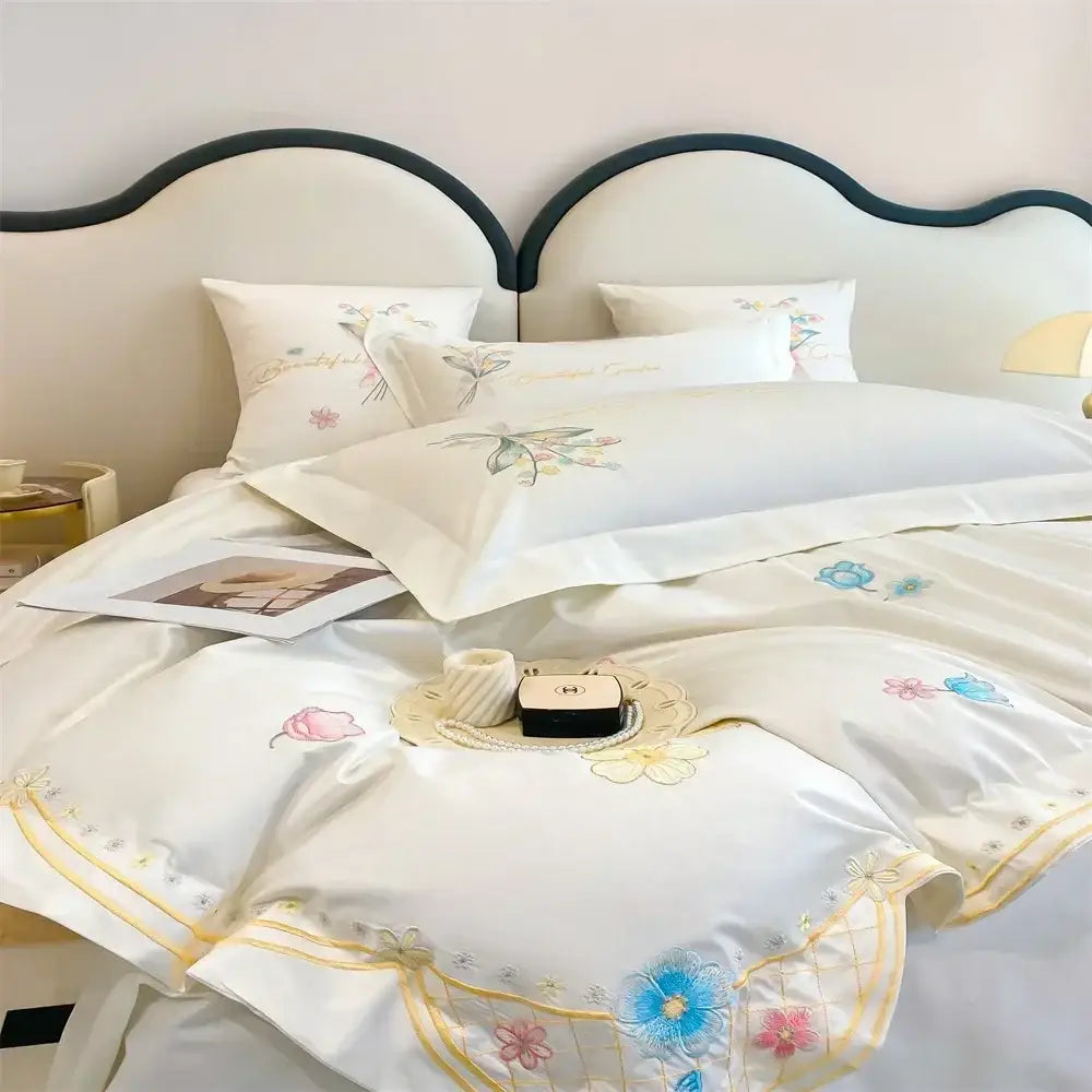 White floral butterfly flowers embroidery bedding set bedroom