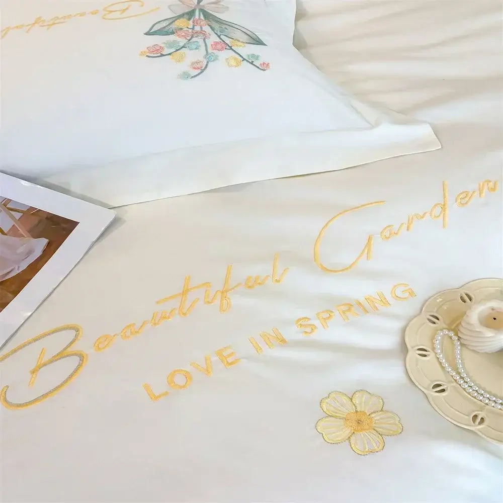 White floral butterfly flowers embroidery bedding set bedroom