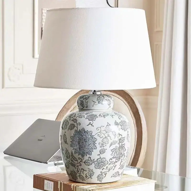 White floral ceramic desk lamp bedroom side table decor