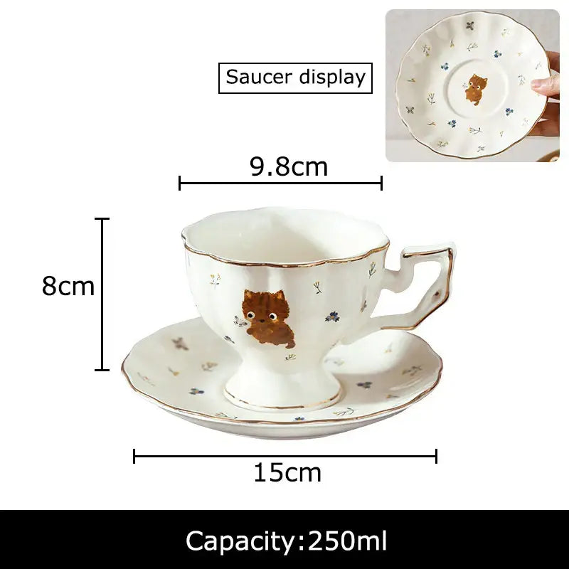 White gold trim cartoon kitten pattern ceramic mug and saucer dining room