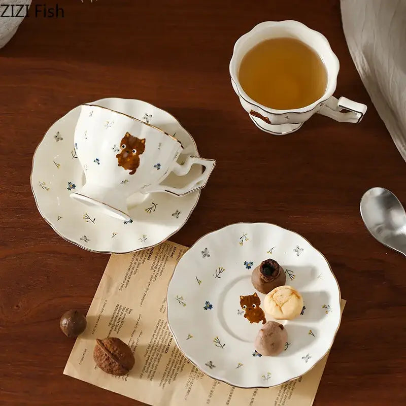 White gold trim cartoon kitten pattern ceramic mug and saucer dining room