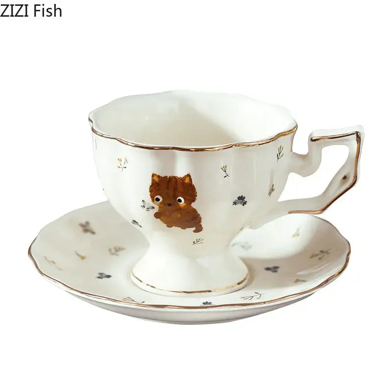 White gold trim cartoon kitten pattern ceramic mug and saucer dining room