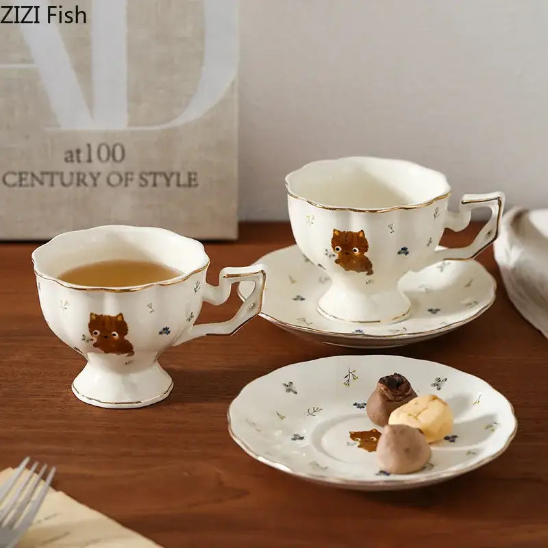 White gold trim cartoon kitten pattern ceramic mug and saucer dining room