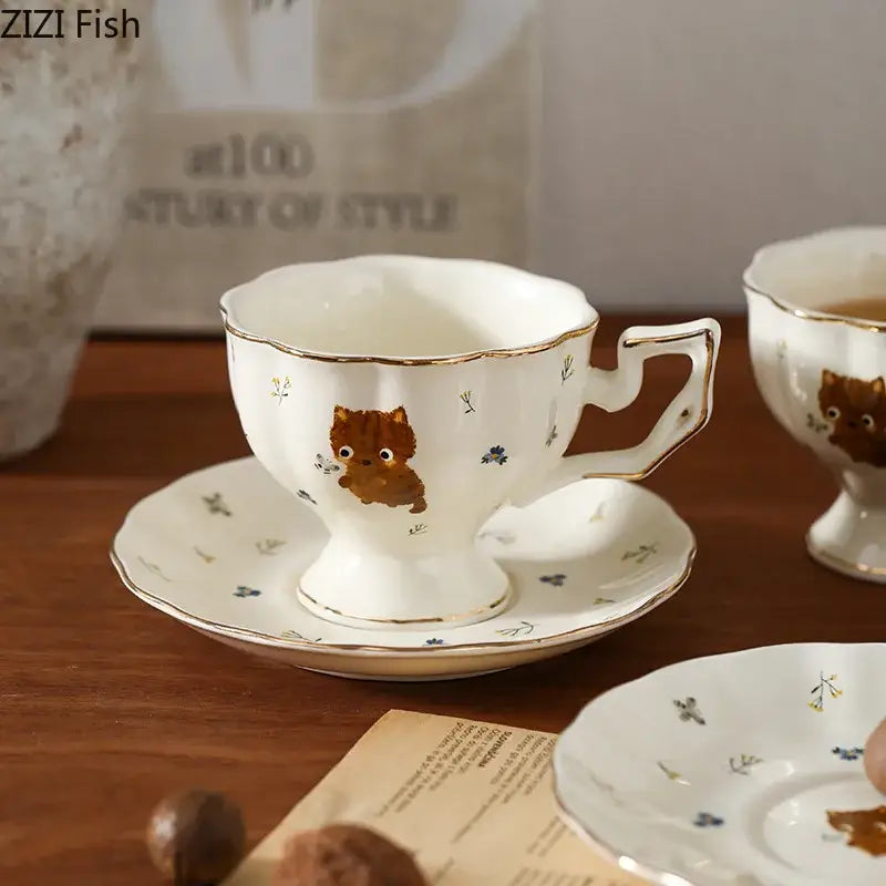 White gold trim cartoon kitten pattern ceramic mug and saucer dining room