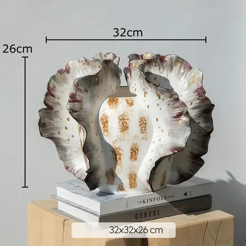 White & gray ruffled ceramic vase with artificial flowers living room