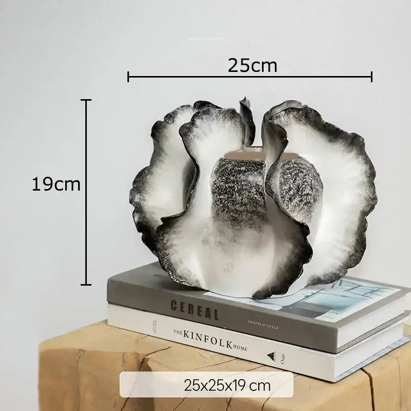White & gray ruffled ceramic vase with artificial flowers living room