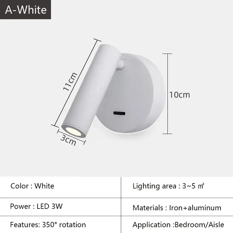 White lacquered swivelling bedroom wall lamp with push button switch