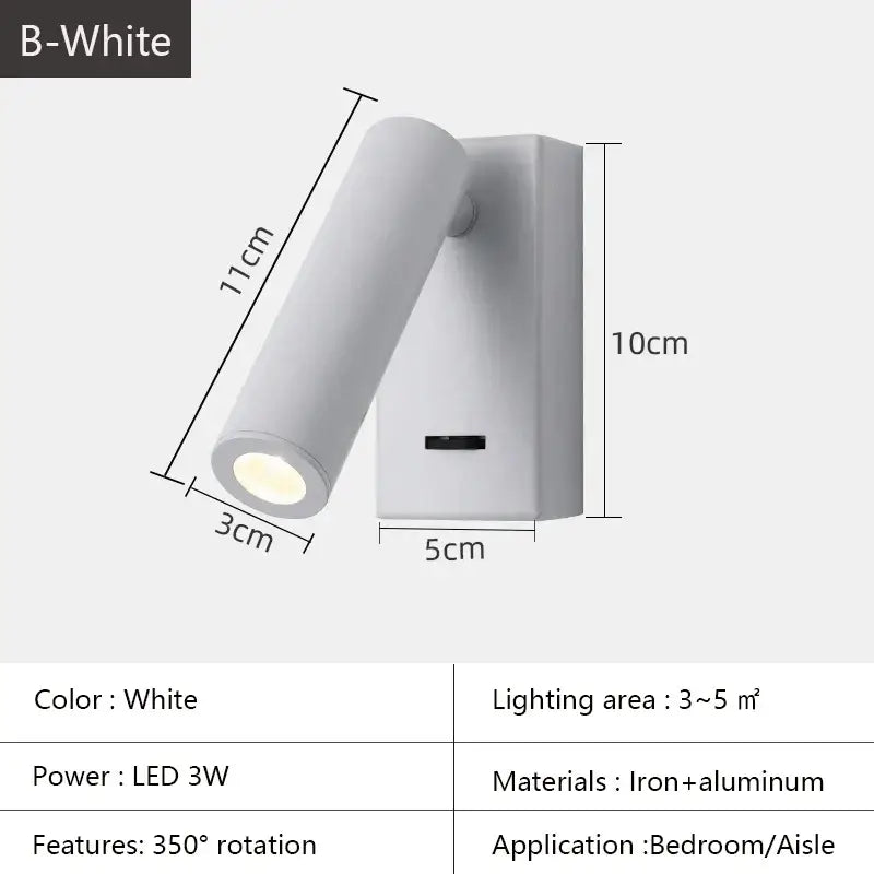 White lacquered swivelling bedroom wall lamp with push button switch