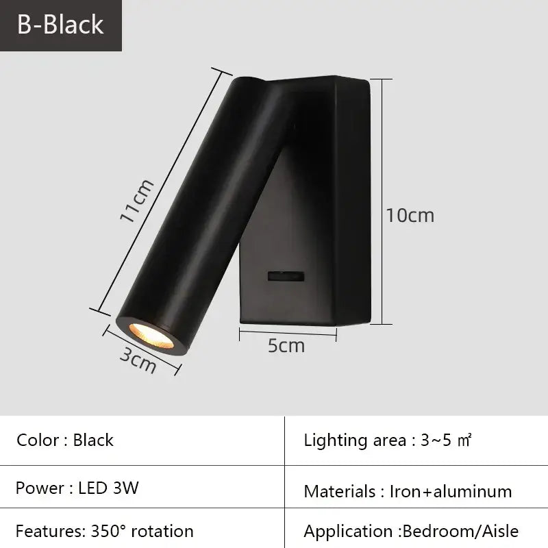 White lacquered swivelling bedroom wall lamp with push button switch