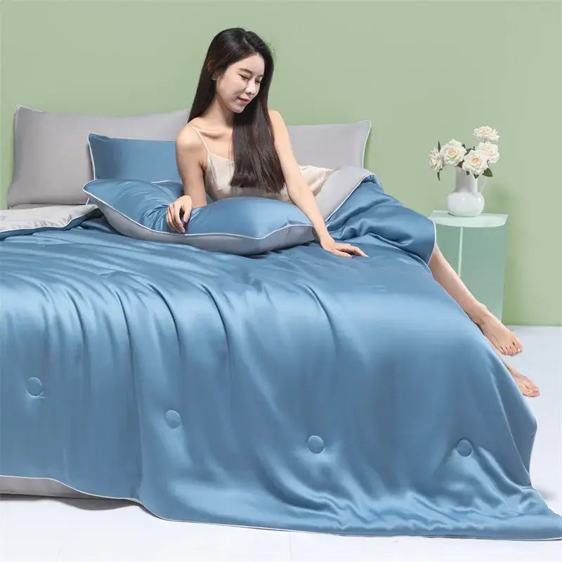 White & light blue decorbites cool feel summer quilt bedroom blanket