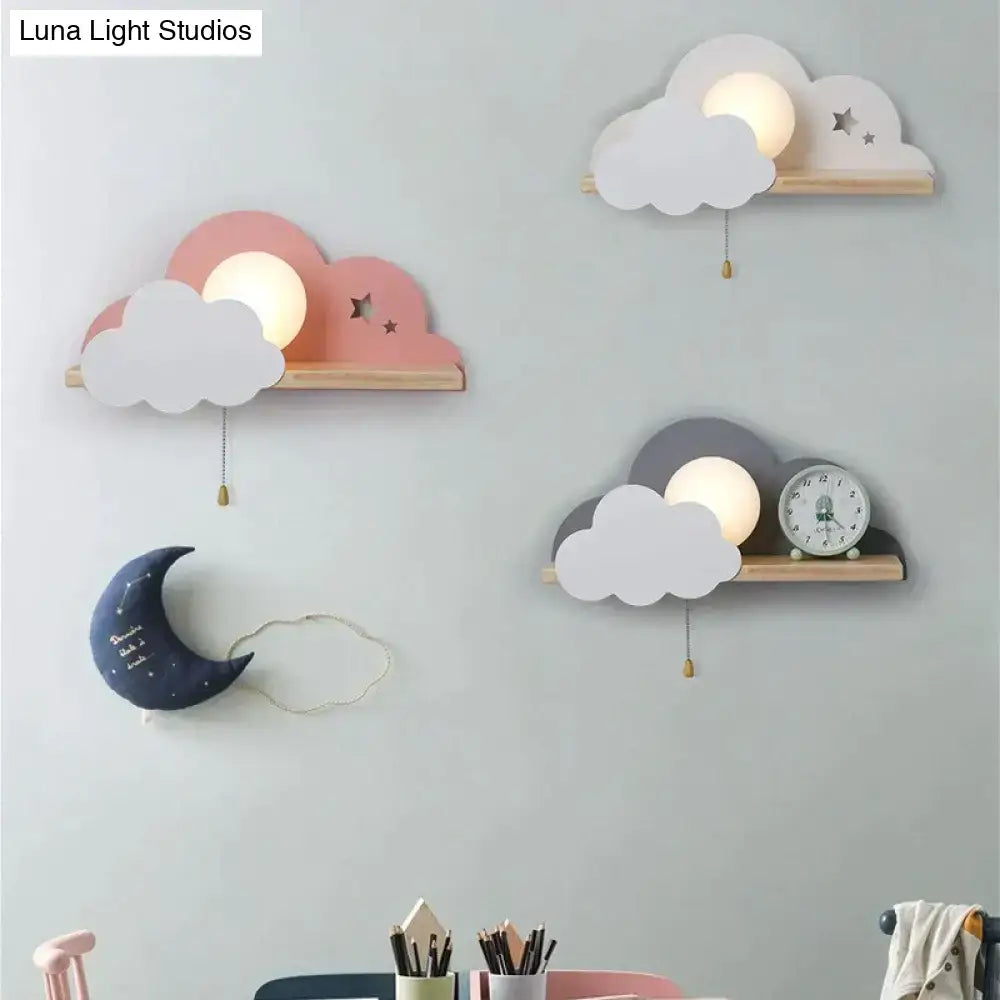 Pastel macaron led cloud wall lamps with wooden bases and glowing lights for children bedroom nordic macaron led