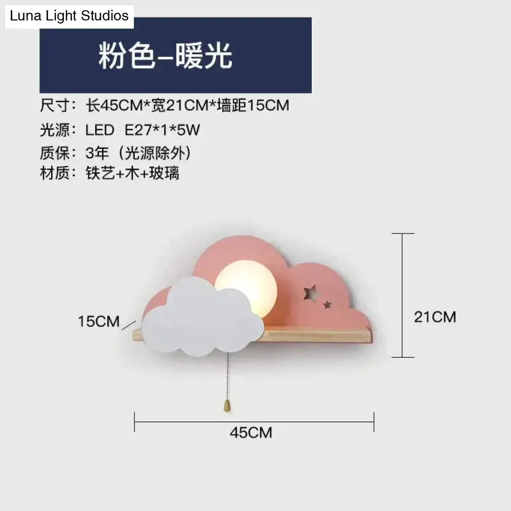 White macaron led cloud wall lamp with pink and white star cutouts and wooden shelf for children bedroom lighting