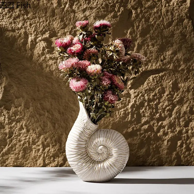 White nautilus conch ceramic vase for bedroom and office decor