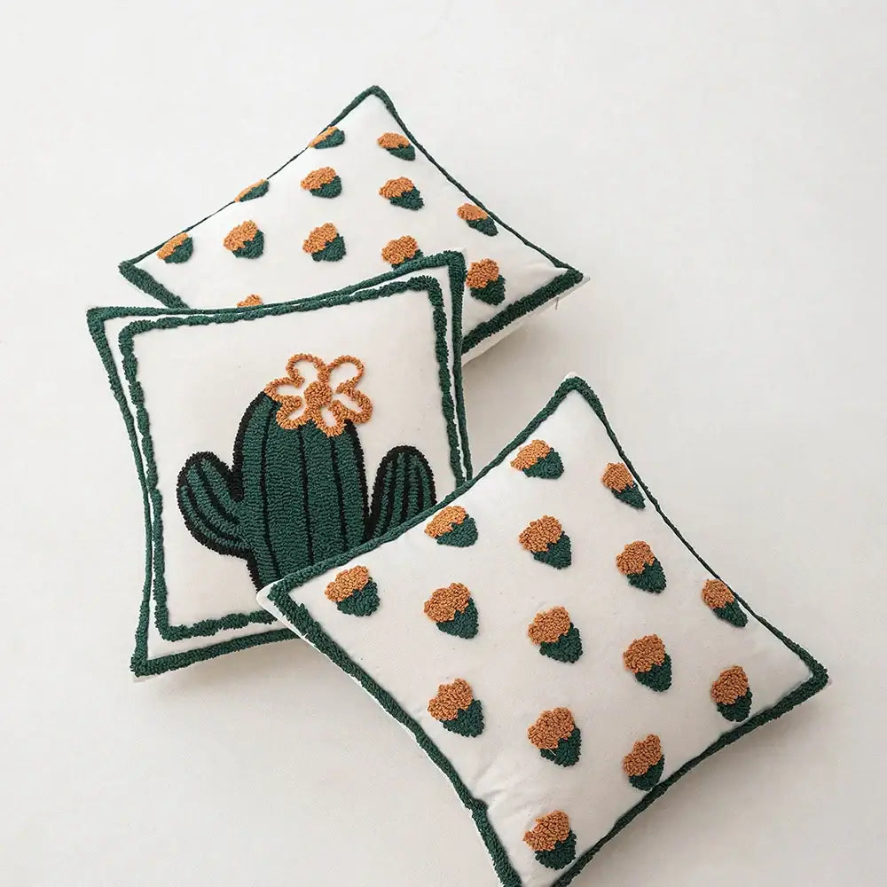 Housse de coussin décorative brodée de cactus blancs et oranges pour le salon