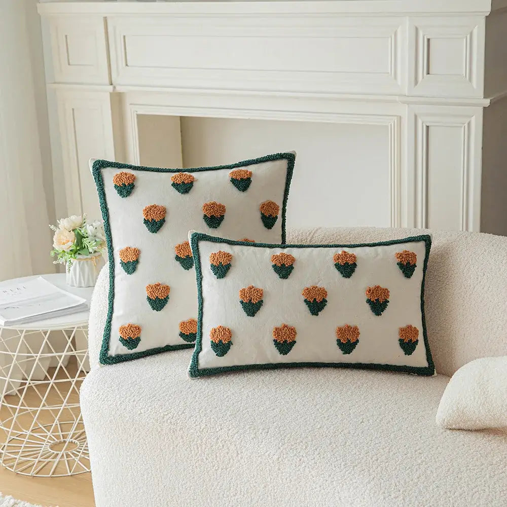 Housse de coussin décorative brodée de cactus blancs et oranges pour le salon