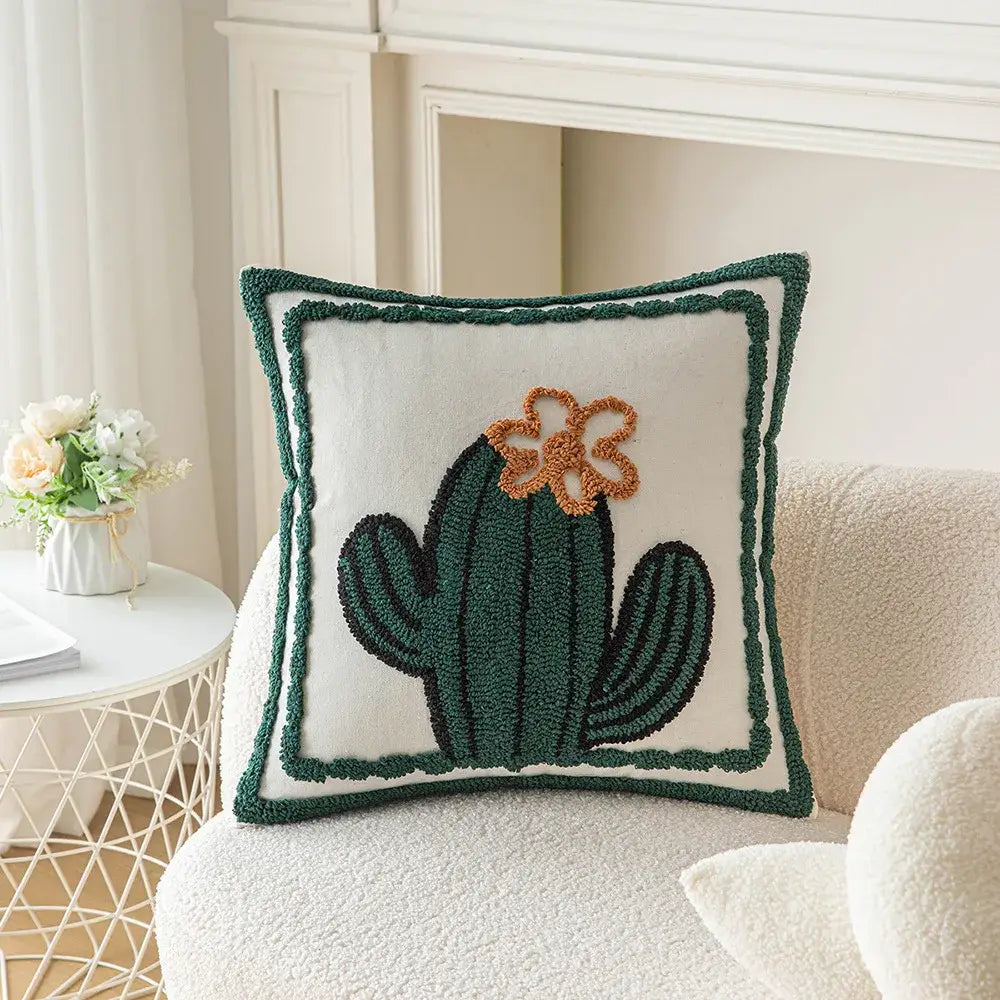 Housse de coussin décorative brodée de cactus blancs et oranges pour le salon