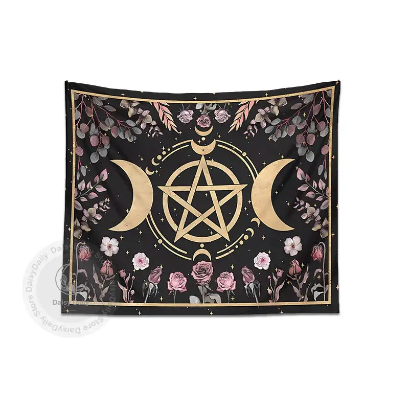 Witchy black and gold botanical floral moon tapestry living room decor