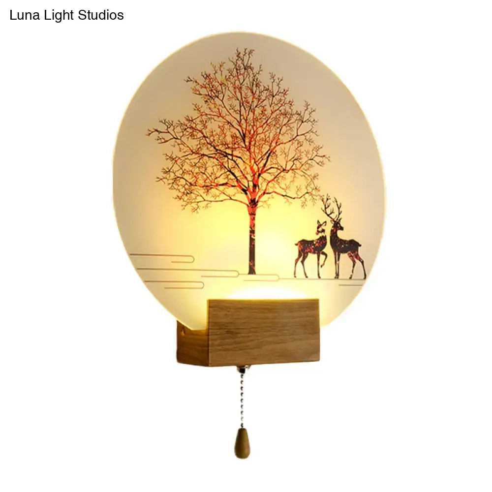 Wood deer tree mural led wall lamp with pull chain bedroom sconce