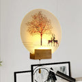 Wood deer tree mural led wall lamp with pull chain bedroom sconce