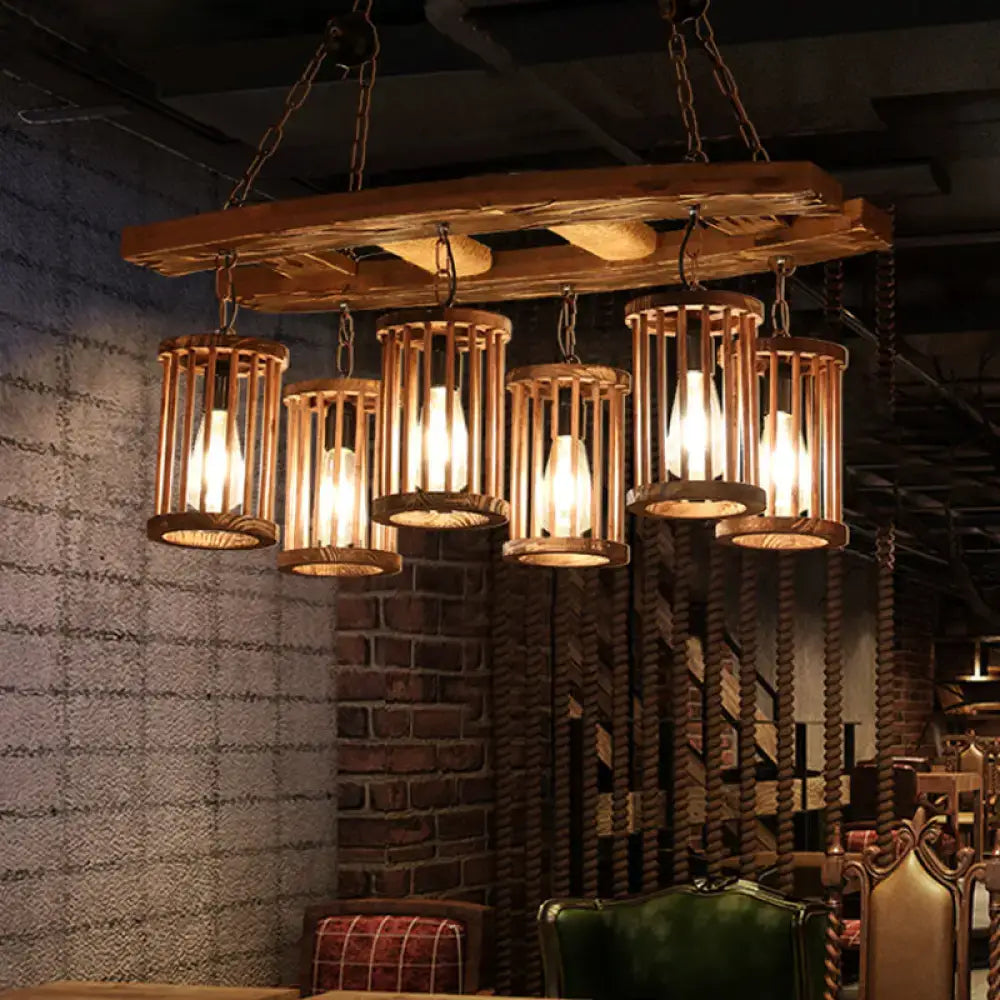 Wood Pendant Chandelier 6-Light Industrial