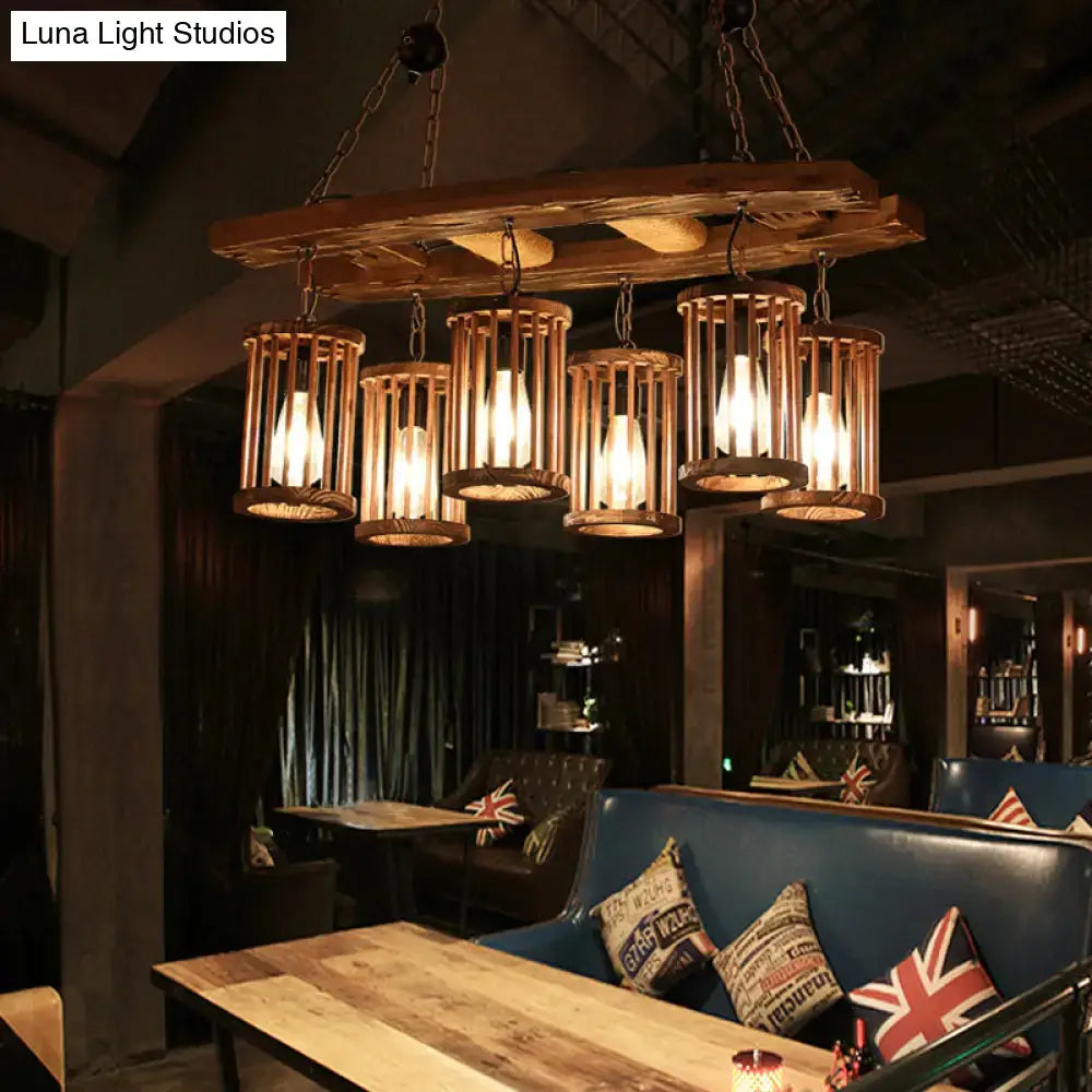 Wood Pendant Chandelier 6-Light Industrial