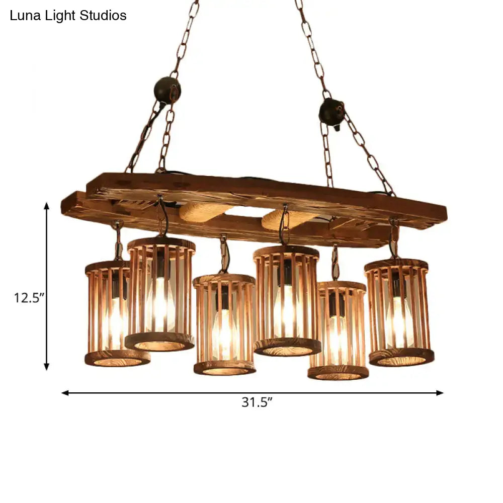 Wood Pendant Chandelier 6-Light Industrial