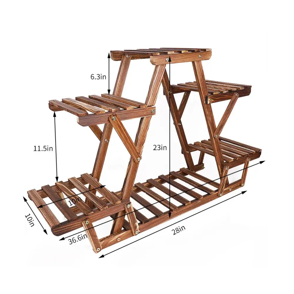 Brown wooden plant stand with three slatted tiers foldable for indoor and outdoor use by decorbites