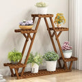 DecorBites™ brown wooden plant stand with triangular frame slatted shelves and folding legs for indoor outdoor use
