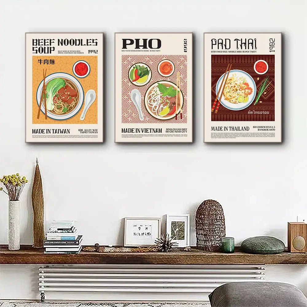 DecorBites™ world cuisine canvas print featuring vintage-style framed posters of beef noodles pho and pad thai