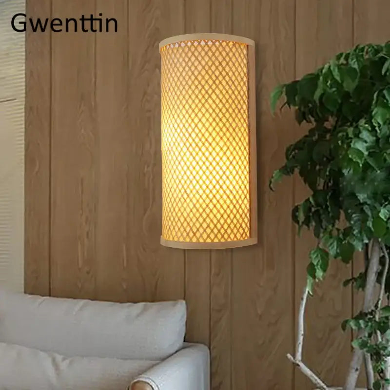 Woven bamboo wall lights sconces for bedroom warm gold glow