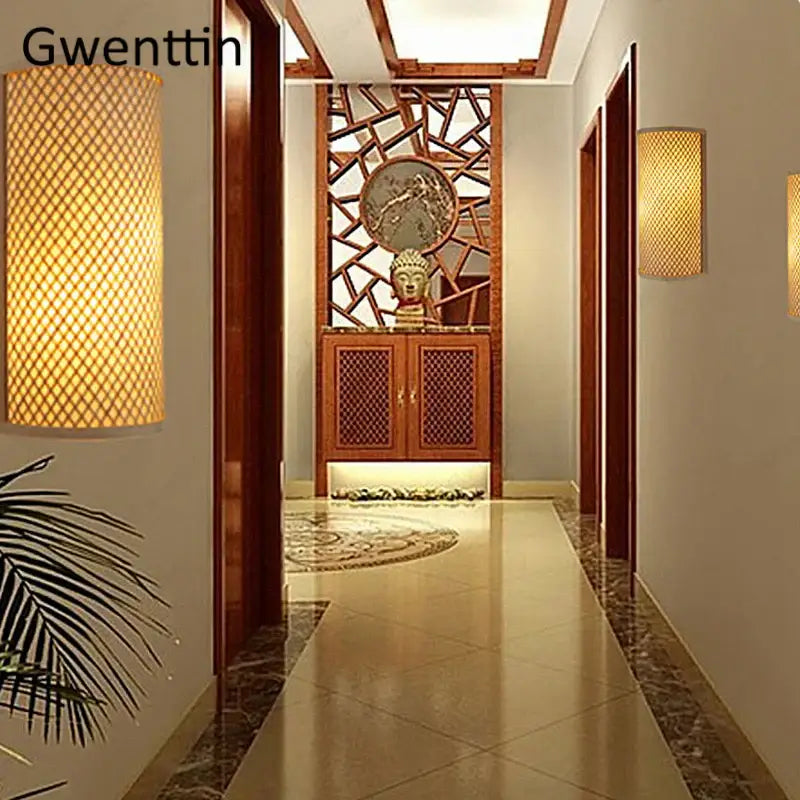 Woven bamboo wall lights sconces for bedroom warm gold glow