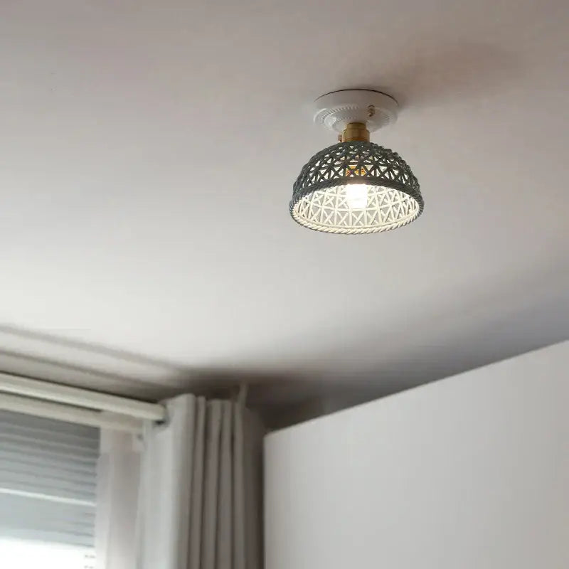 Woven ceramic led ceiling lamp – bedroom brass lattice dome