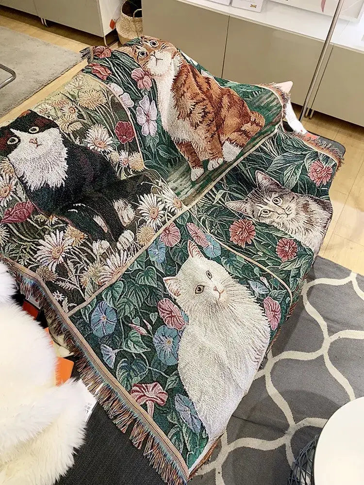 Woven colorful cat oil painting blanket bedroom throw decor