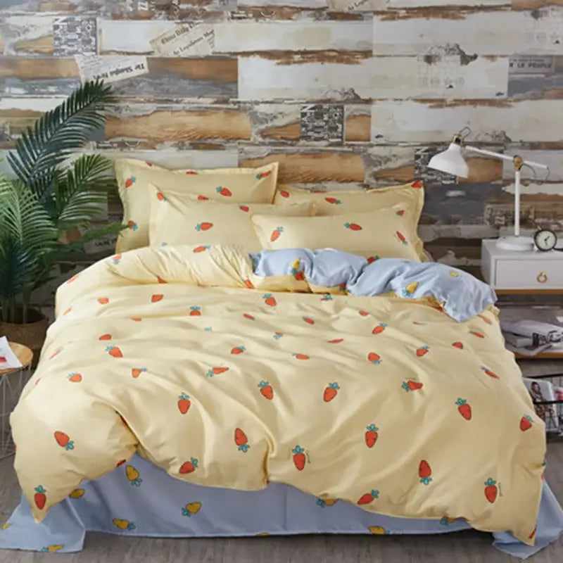 Yellow and light blue carrot cartoon printed bedding set bedroom